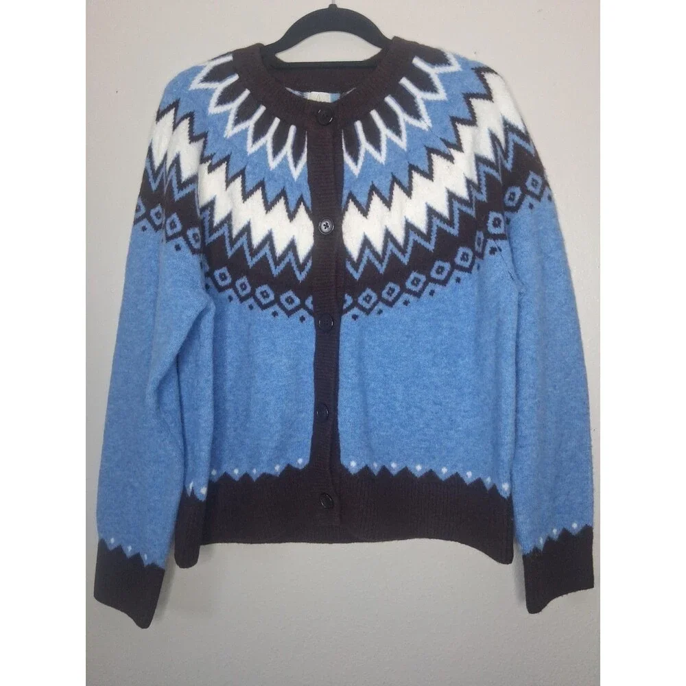 NWOT Joie Blue Fair Isle Cardigan Sweater Blue Brown Size L